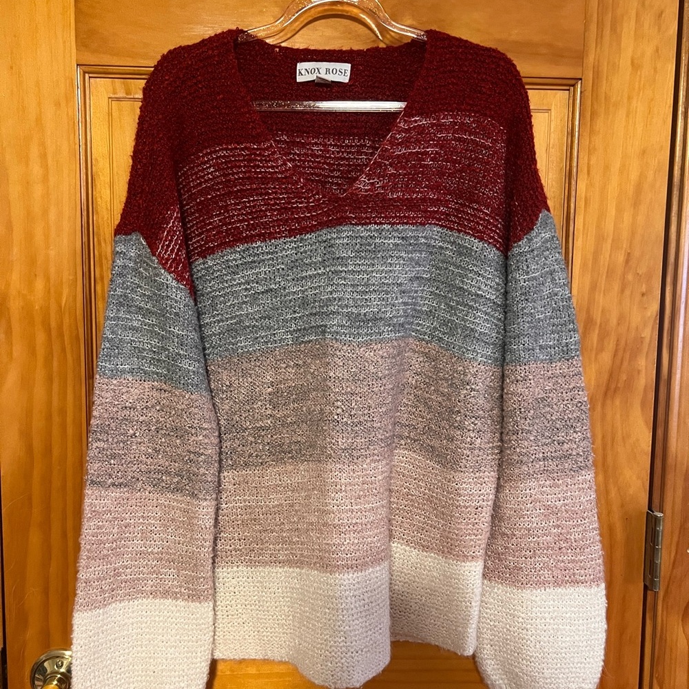 Knox Rose Women's Striped Sweater - Red, Gray, Pink, Cream